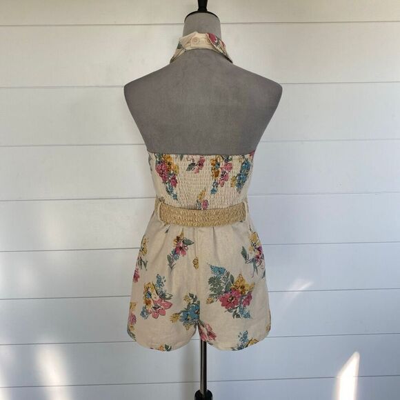 House of Harlow 1960 Ivory Floral Linen Blend Halter Playsuit Romper Size 2 - Picture 8 of 15